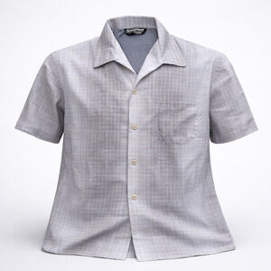 Vintage Sears Sportswear Button Up Mens Gray Plaid Short Sleeve Camp Collar